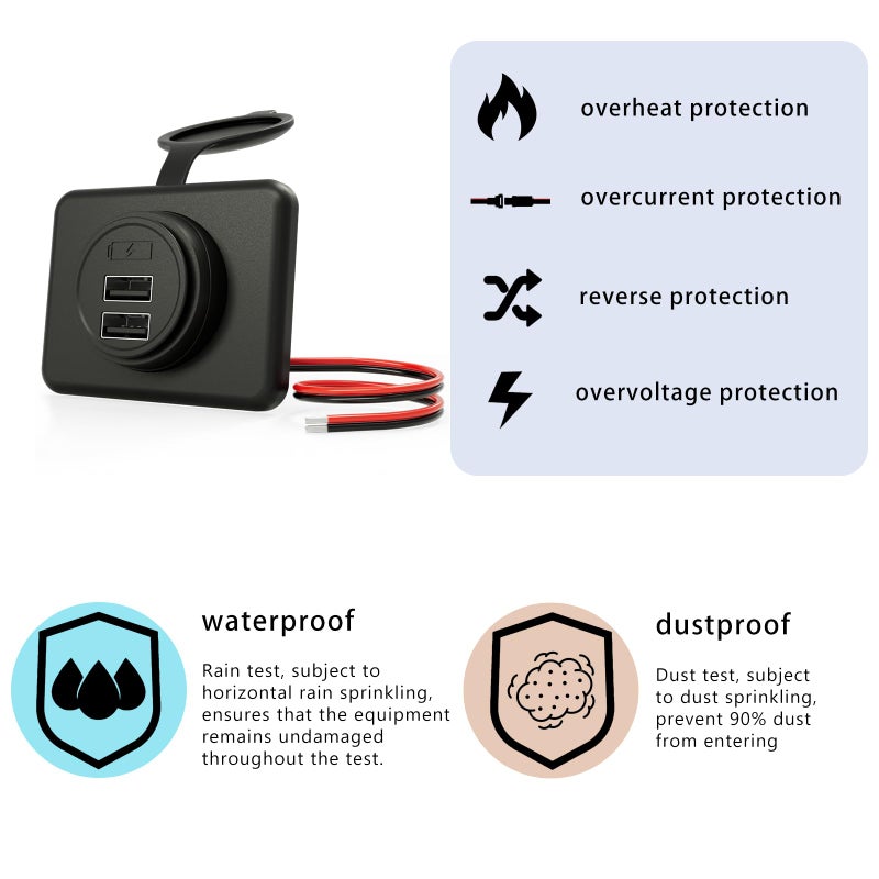 DAMAVO RV USB Outlet DAMAVO YM1236 Panel Dual Port Charger Receptacle, 12V-24V Car Charger Female for Bus, Boat, Vehicle Marine ATV (Surface Mount) (A+A Port-1pcs) - Image 4